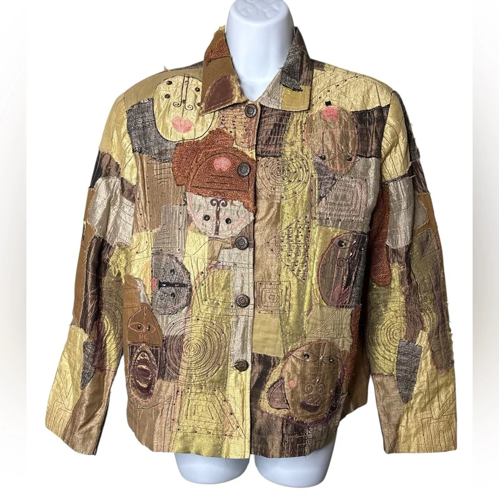 VTG Sandy Starkman Womens Artsy Patchwork Blazer Jacket Size M Art To Wear - Picture 1 of 10